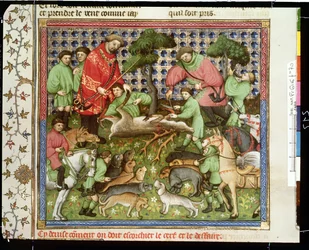 Ms Fr 616 fol.70 Zerteilen eines toten Hirsches, aus dem Livre de la Chasse von Gaston Phebus de Foix (1331-91)
